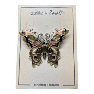 Zarah Amethyst and Mother of Pearl Butterfly Brooch Silver Plated Cloisonne Pin